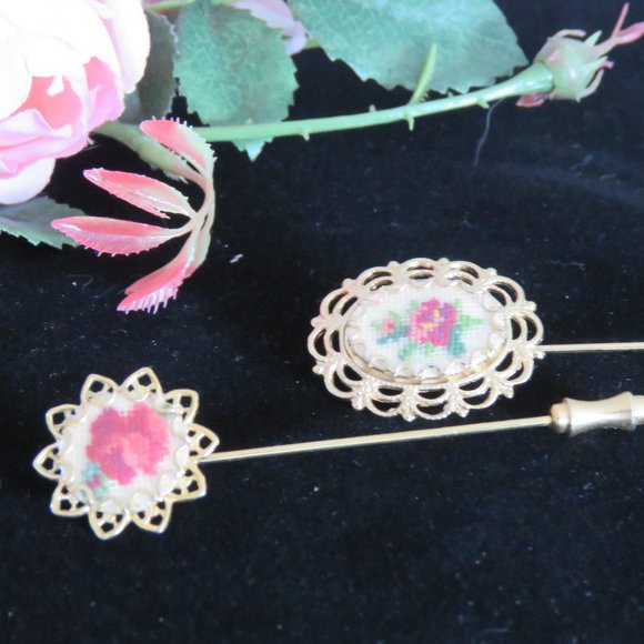 Vintage Gold Toned Petite Point Stick Pin Brooch, Embroidered Roses, Set of 2 - Picture 1 of 7